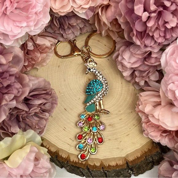 Beautiful Blue and Colorful Crystal Peacock Keychain Charm - Picture 6 of 16
